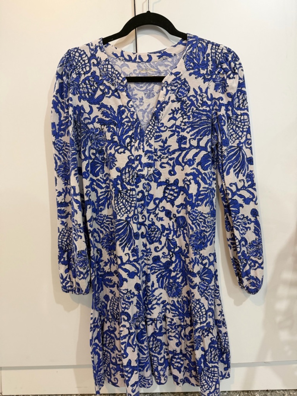 Lilly Pulitzer Blue and White Long-Sleeve V-Neck Floral Dress